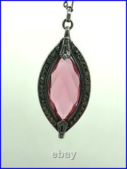 Vintage Art Deco Sterling Silver Pink Glass Marcasite Oval Pendant Necklace 18