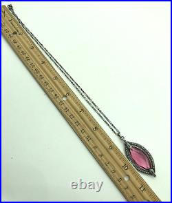 Vintage Art Deco Sterling Silver Pink Glass Marcasite Oval Pendant Necklace 18