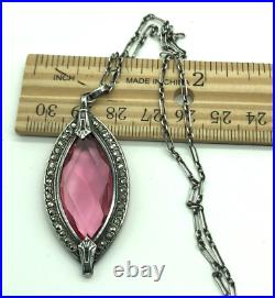 Vintage Art Deco Sterling Silver Pink Glass Marcasite Oval Pendant Necklace 18