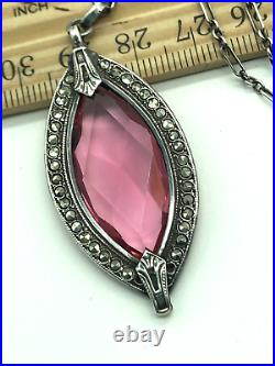 Vintage Art Deco Sterling Silver Pink Glass Marcasite Oval Pendant Necklace 18