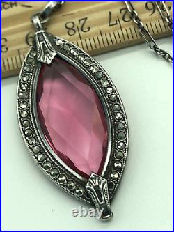 Vintage Art Deco Sterling Silver Pink Glass Marcasite Oval Pendant Necklace 18