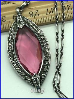 Vintage Art Deco Sterling Silver Pink Glass Marcasite Oval Pendant Necklace 18