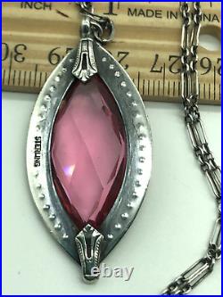 Vintage Art Deco Sterling Silver Pink Glass Marcasite Oval Pendant Necklace 18