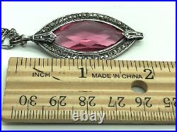 Vintage Art Deco Sterling Silver Pink Glass Marcasite Oval Pendant Necklace 18