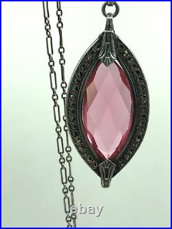 Vintage Art Deco Sterling Silver Pink Glass Marcasite Oval Pendant Necklace 18