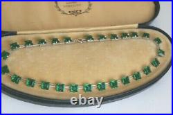 Vintage Art Deco Sterling Silver Square Emerald Paste Riviere Necklace 15.8g
