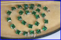 Vintage Art Deco Sterling Silver Square Emerald Paste Riviere Necklace 15.8g