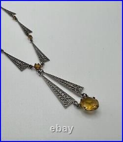 Vintage Art Deco Sterling Silver and Citrine Czech Glass Necklace