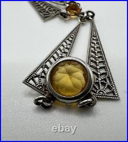 Vintage Art Deco Sterling Silver and Citrine Czech Glass Necklace