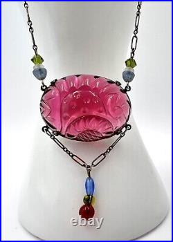 Vintage Art Deco Sterling Sliver Gorgeous Fuchsia? Glass Necklace