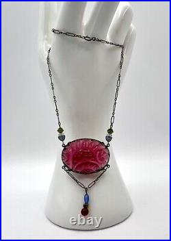 Vintage Art Deco Sterling Sliver Gorgeous Fuchsia? Glass Necklace