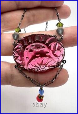 Vintage Art Deco Sterling Sliver Gorgeous Fuchsia? Glass Necklace