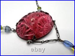 Vintage Art Deco Sterling Sliver Gorgeous Fuchsia? Glass Necklace