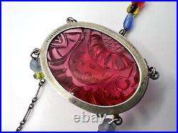 Vintage Art Deco Sterling Sliver Gorgeous Fuchsia? Glass Necklace