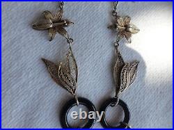 Vintage Art Deco Sterling Vermeil Filligree Floral Orchid Black Onyx Necklace
