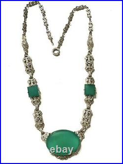 Vintage Art Deco Sterling silver Chrysoprase & Marcasite necklace