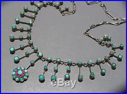 Vintage Art Deco Sterling silver Turquoise Ruby Bib Necklace