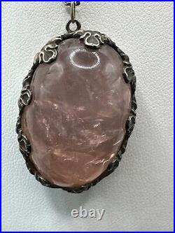 Vintage Art Deco Stunning Rose Quartz Crystal Sterling Pendant