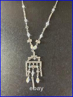 Vintage Art Deco Style Aurora Borealis Chandelier Pendant Necklace Silver