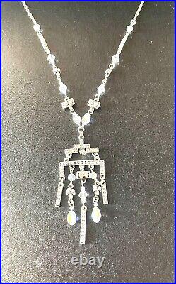 Vintage Art Deco Style Aurora Borealis Chandelier Pendant Necklace Silver