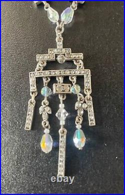 Vintage Art Deco Style Aurora Borealis Chandelier Pendant Necklace Silver