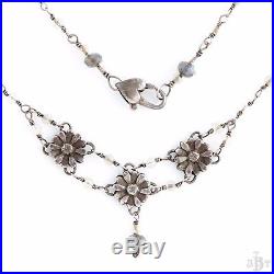 Vintage Art Deco Style Sterling Silver Sapphiret Glass Bead Lavaliere Necklace