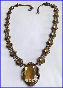 Vintage Art Deco Topaz Amber Rhinestone Pendant Necklace Y2