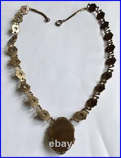 Vintage Art Deco Topaz Amber Rhinestone Pendant Necklace Y2