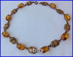 Vintage Art Deco Topaz Rhinestone & Filigree Necklace