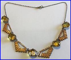 Vintage Art Deco Topaz Rhinestone & Orange Enamel Necklace