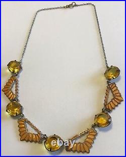 Vintage Art Deco Topaz Rhinestone & Orange Enamel Necklace