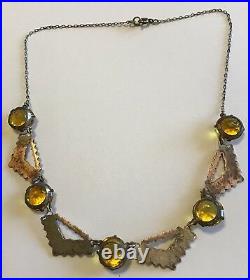 Vintage Art Deco Topaz Rhinestone & Orange Enamel Necklace