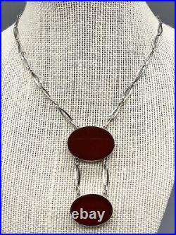 Vintage Art Deco Two Oval Natural Carnelian 925 Sterling Silver Chain Necklace