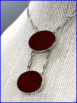 Vintage Art Deco Two Oval Natural Carnelian 925 Sterling Silver Chain Necklace