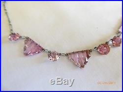 Vintage Art Deco Vauxhall Pink Stepped Glass & Rhinestone Necklace