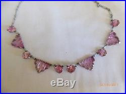 Vintage Art Deco Vauxhall Pink Stepped Glass & Rhinestone Necklace