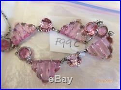 Vintage Art Deco Vauxhall Pink Stepped Glass & Rhinestone Necklace