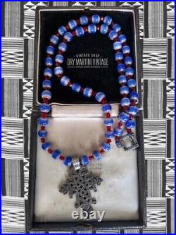 Vintage Art Deco Venetian Chevron Trade Beads African Coptic Cross Necklace Gift