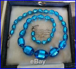 Vintage Art Deco Venetian Czech Butterfly Wing Blue Foil Beads Necklace Gift