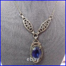 Vintage Art Deco Violet Blue Glass Drop Filigree Sterling Silver Necklace 16