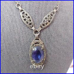 Vintage Art Deco Violet Blue Glass Drop Filigree Sterling Silver Necklace 16