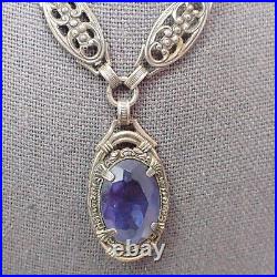 Vintage Art Deco Violet Blue Glass Drop Filigree Sterling Silver Necklace 16