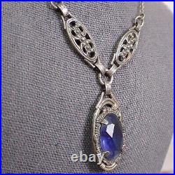 Vintage Art Deco Violet Blue Glass Drop Filigree Sterling Silver Necklace 16