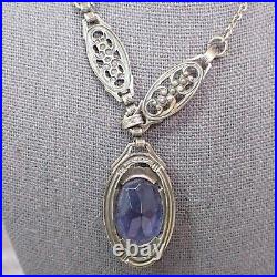 Vintage Art Deco Violet Blue Glass Drop Filigree Sterling Silver Necklace 16