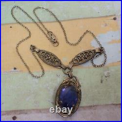 Vintage Art Deco Violet Blue Glass Drop Filigree Sterling Silver Necklace 16