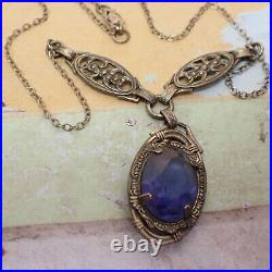 Vintage Art Deco Violet Blue Glass Drop Filigree Sterling Silver Necklace 16