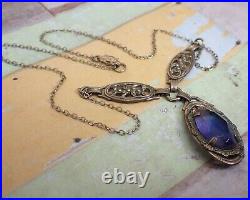 Vintage Art Deco Violet Blue Glass Drop Filigree Sterling Silver Necklace 16