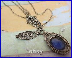 Vintage Art Deco Violet Blue Glass Drop Filigree Sterling Silver Necklace 16