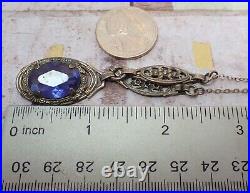 Vintage Art Deco Violet Blue Glass Drop Filigree Sterling Silver Necklace 16