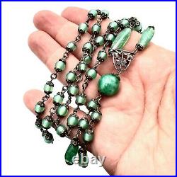 Vintage Art Deco Womens Necklace Silver Tone Green Czech Glass 1920s Era